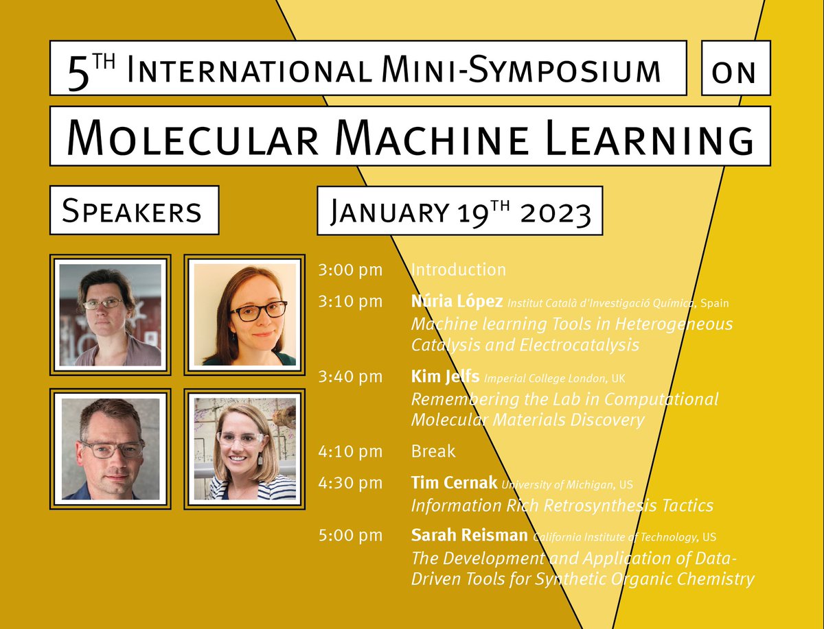 🔔Only one week to go!🔔

The 5th International Mini-Symposium on #Molecular #MachineLearning is getting closer and there is still a chance to register.

📆 Thur. 19 Jan. '23

🕒 3:00 pm (CET) 

🚪 Registration: bit.ly/3YADpN6

✅ Fantastic line-up of speakers.