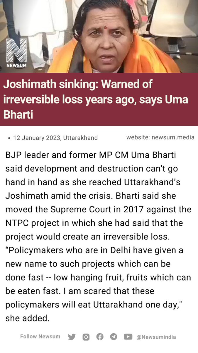 planH_In's tweet photo. Joshimath sinking: Warned of irreversible loss years ago, says Uma Bharti https://t.co/UmONP7rqNW