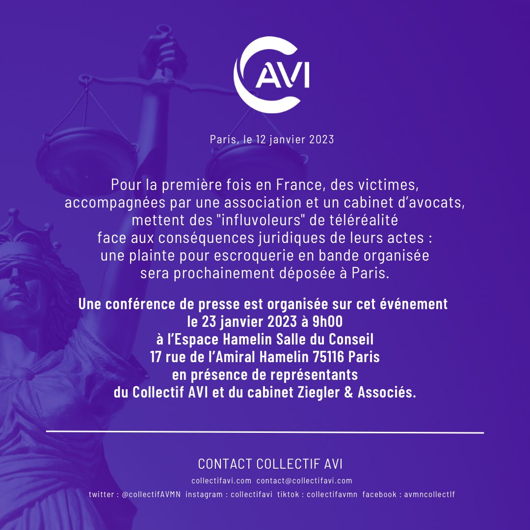 #CommuniquédePresse du #collectifAVI : Des #influenceurs de la téléréalité, dont #marcblata, visés par une plainte pour escroquerie en bande organisée. Une conférence de presse sera organisée avec le cabinet @ZieglerAssociés le 23 janvier à Paris. ↩️ 
bit.ly/3iwyA78