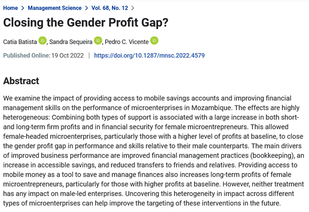 novafrica's tweet image. &quot;Closing the Gender Profit Gap&quot;?
The paper by @novafrica @novasbe professors @cbatista_econ and @pedrocvicente, and NOVAFRICA external member @SMGSequeira from @LSEEcon is out in the #ManagementScience 
bit.ly/3H0dAPR
#EconTwitter