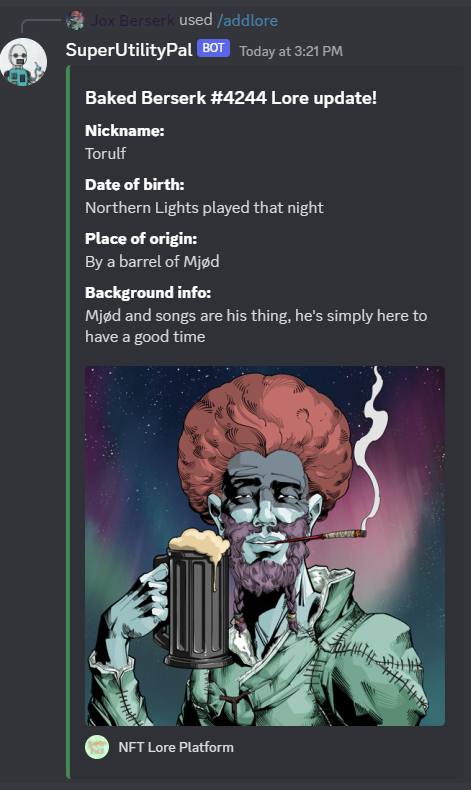 CryptoAndDG's tweet photo. Lore bot added to @BakedBerserk server, courtesy of @SuperpalsNFT @NinaSnkrs Fun addition to the storytelling approach! I need to work more on mine though😂#LFROW #WhatsHap #BakedCets #BakedBerserk https://t.co/aD3VA2uEHH