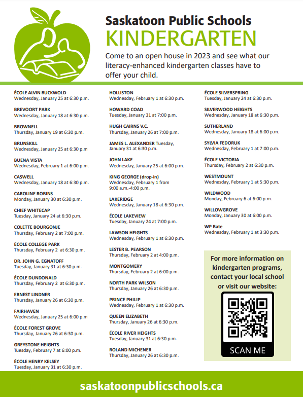 Kindergarten registration for the 2023-24 school year is now open in all Saskatoon Public Schools and Information nights are scheduled at a neighborhood school near you. We are excited to meet you! spsd.sk.ca/Schools/elemen…