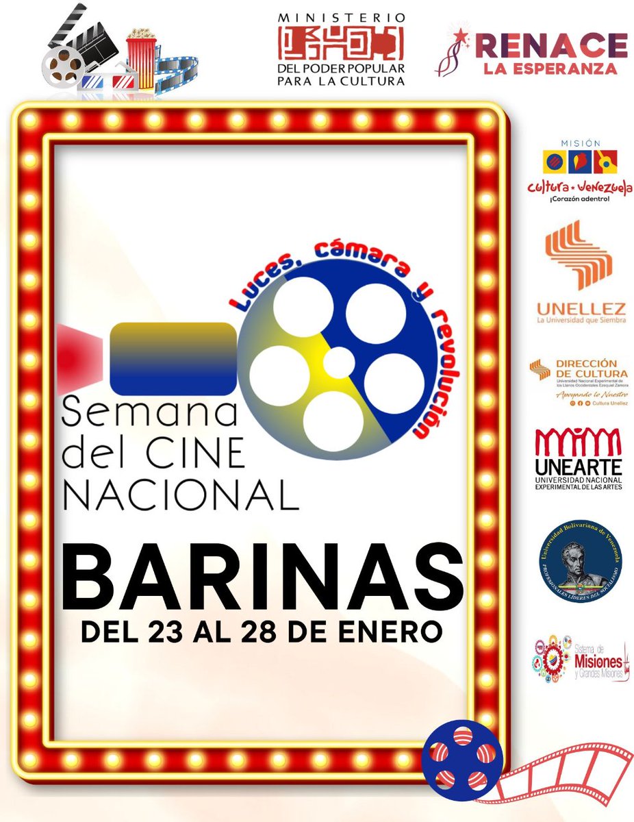 Te invitamos del 23 al 28 de enero en los espacios de la UBV, la sala de cine comunitario en Corocito y la Cinemateca de la UNELLEZ a participar de la SEMANA DEL CINE NACIONAL "Luces, cámara y revolución", celebrando junt@s los 126 años del cine venezolano.