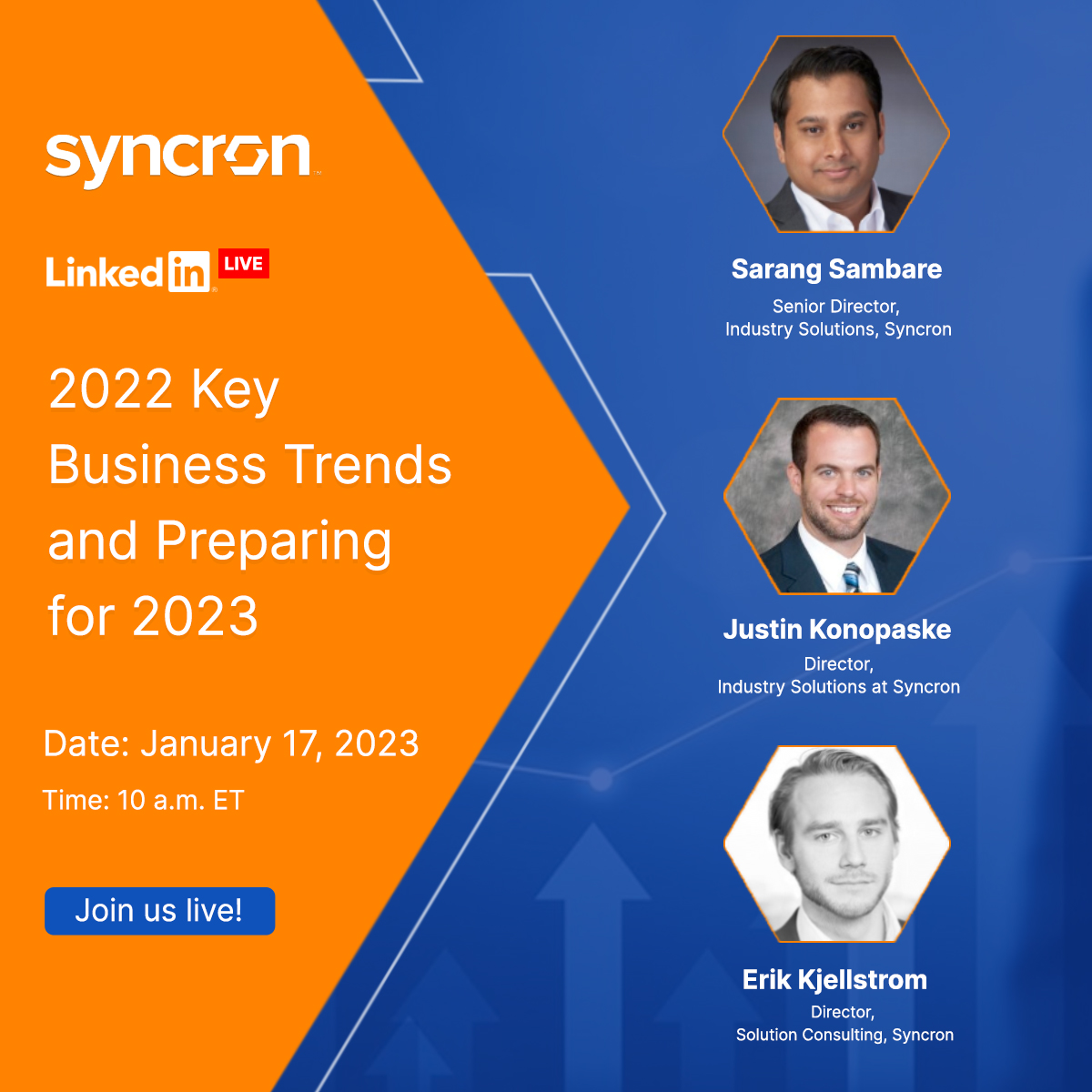 SyncronSCM's tweet photo. Join our #LinkedInLive on January 17th at 10 am EST as we discuss key business trends of 2022 and ways to prepare for the year ahead.
Sign up today: https://t.co/lcVLYn4hy1
#2022BusinessTrends #ServiceOrganizations #Aftermarket https://t.co/YVy0mwTn30