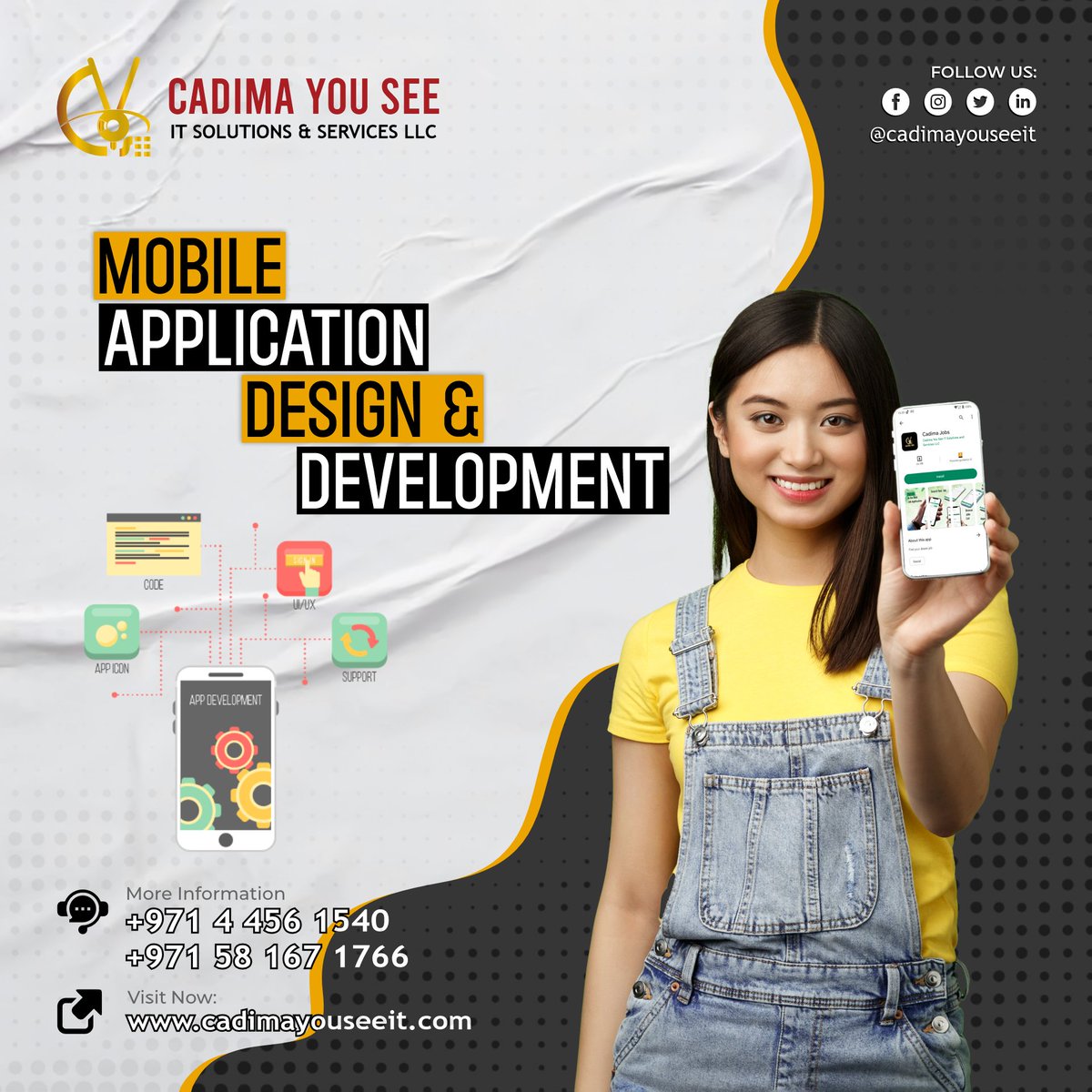 Looking for a Mobile Application Design &amp; Development Company in Dubai, UAE?

For More details Call/WhatsApp at +971 58 826 9044 | Send your enquiry to info@cadimayouseeit.com
#cadimayouseeit #iosappdevelopment #ios #android #appdesign #appdevelopment #marketing #branding