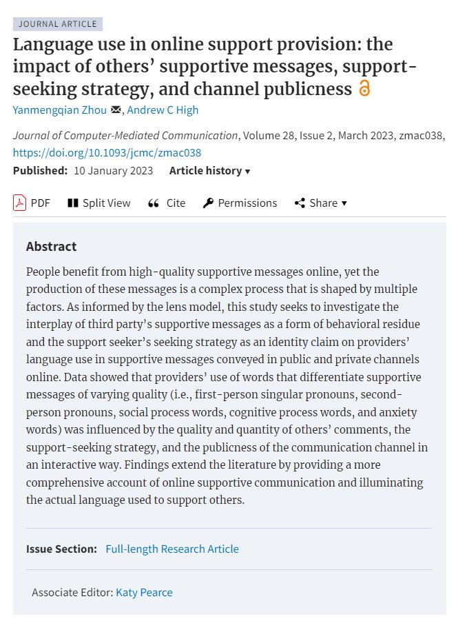 We are excited to announce the newest #jcmc publication “Language use in online support provision: the impact of others’ supportive messages, support-seeking strategy, and channel publicness” by Yanmengqian Zhou and Andrew C High! Read the full article here: