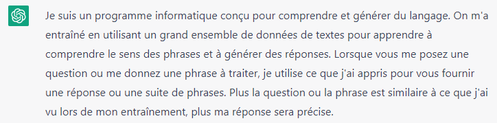 IApourtous's tweet photo. #ChatGPT explique comment il fonctionne et de quelle façon il a été entraîné à comprendre le sens des phrases à partir de l'analyse des corpus d'information.
#IA #OpenAI #IntelligenceArtificielle #tech #numerique #GenerativeAI https://t.co/LmxLvZhs2L