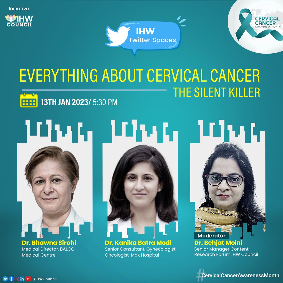 IHW Council (@ihwcouncil) on Twitter photo #CervicalCancerAwarenessMonth Special: Do you know more than 300,000 women die from Cervical Cancer every year?
Learn about the prevention & treatment of #CervicalCancer tomorrow at 5:30 Pm on #IHWTwitterSpaces from <a href="/SirohiBhawna/">bhawna sirohi</a> & <a href="/kanicabatra9/">Dr Kanika Batra Modi</a>!
👉 x.com/i/spaces/1djGX… #CervicalCancerAwarenessMonth Special: Do you know more than 300,000 women die from Cervical Cancer every year?
Learn about the prevention & treatment of #CervicalCancer tomorrow at 5:30 Pm on #IHWTwitterSpaces from <a href="/SirohiBhawna/">bhawna sirohi</a> & <a href="/kanicabatra9/">Dr Kanika Batra Modi</a>!
👉 x.com/i/spaces/1djGX…