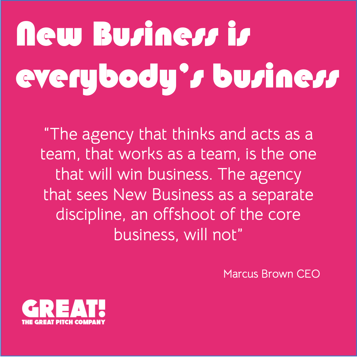 TheGreatPitchCo's tweet photo. It is vital to create a New Business culture. The more that New Business is owned by everyone in the company, the more likely you are to achieve your New Business goals. 
Please contact us: marcus@thegreatpitchcompany.com

#newbusiness #businessdevelopment #agency #teamwork #tgpc https://t.co/MSIZAgIvvA