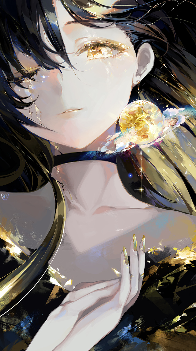 1girl solo choker yellow eyes black choker jewelry black hair  illustration images