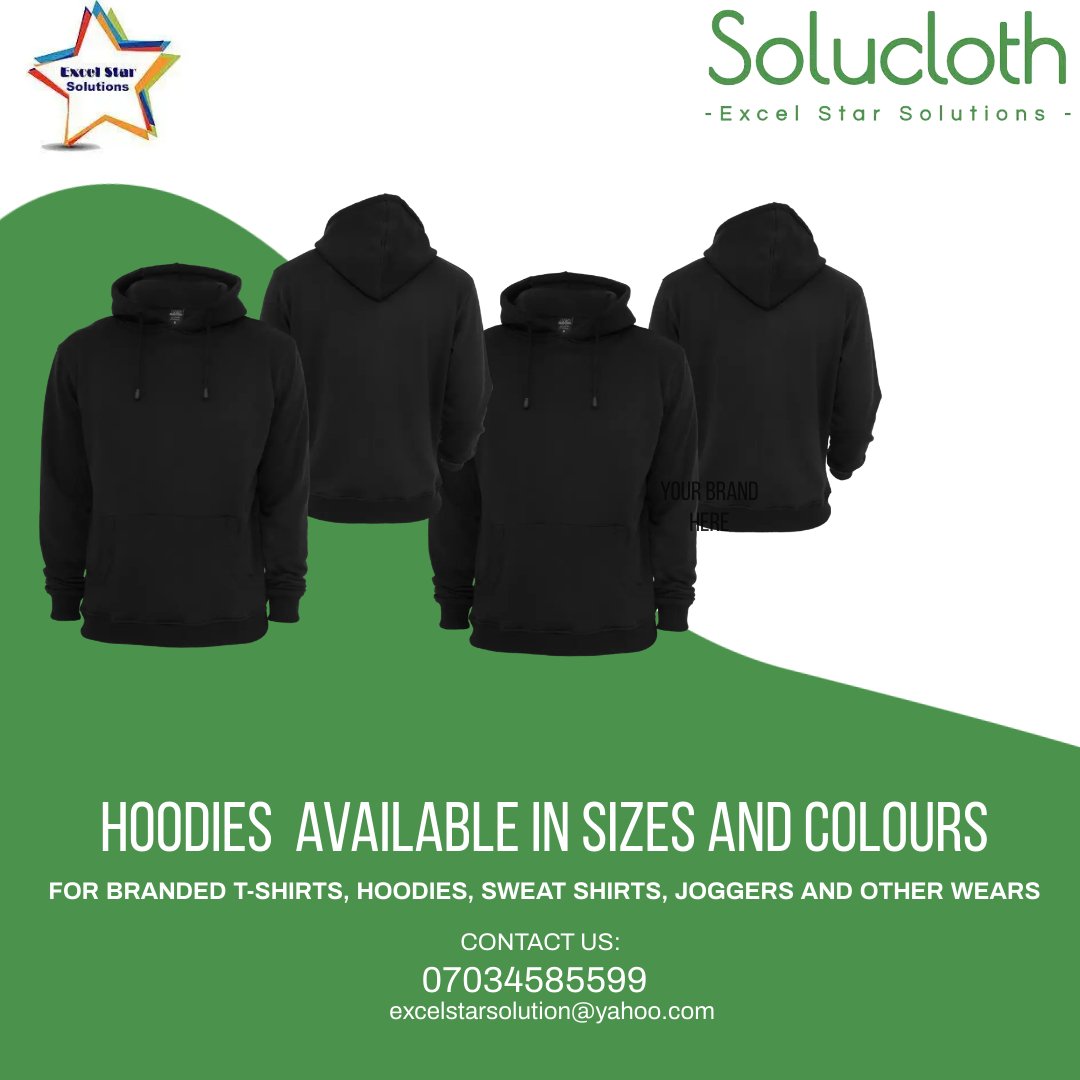 ExcelStarSolut1's tweet photo. Get your branded wears from us  Hoodies are available in sizes and colours. 

#solucloth 
#excelstarsolutions https://t.co/fbXO9qmllK