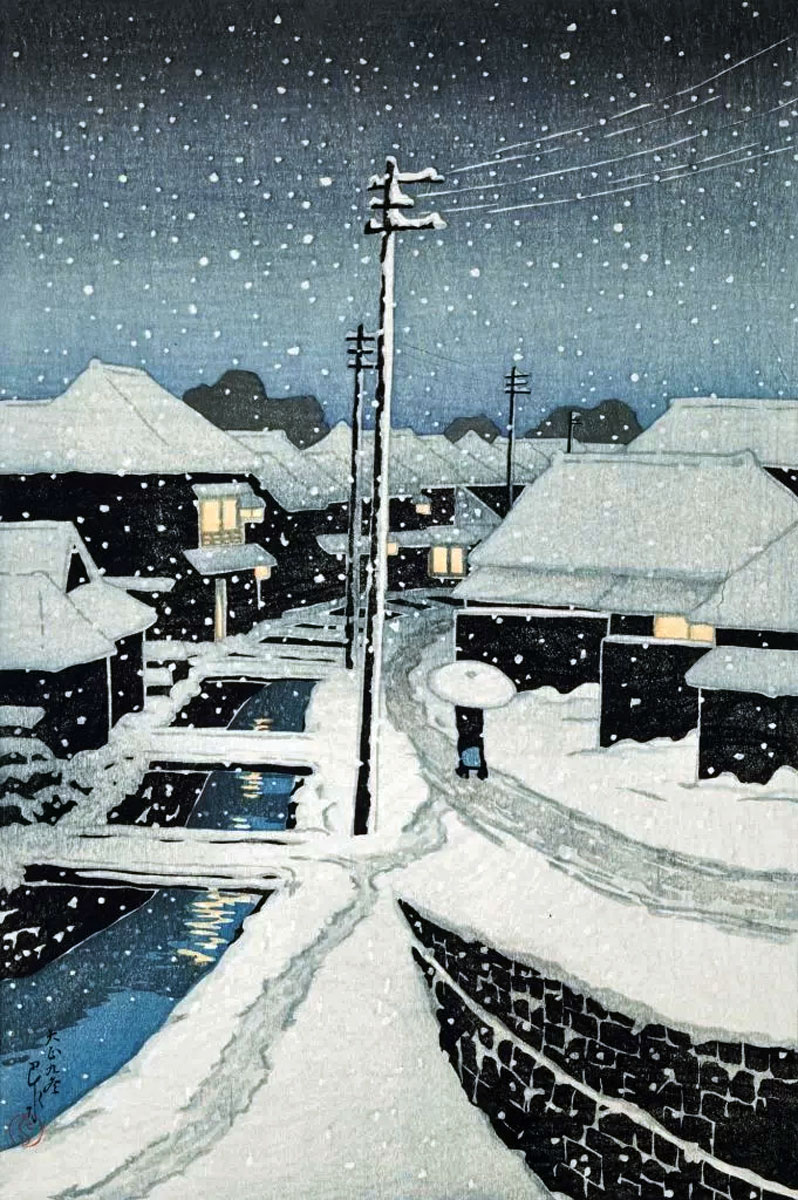 Art Inspiration For Today: Evening Snow at Terashima Village by Hasui Kawase (Japanese), woodblock print, genre: Shin-Hanga Movement, 1920 #artinspirationfortoday #eveningsnow #hasuikawase #woodblock #japaneseart #1920s #art #artontwitter