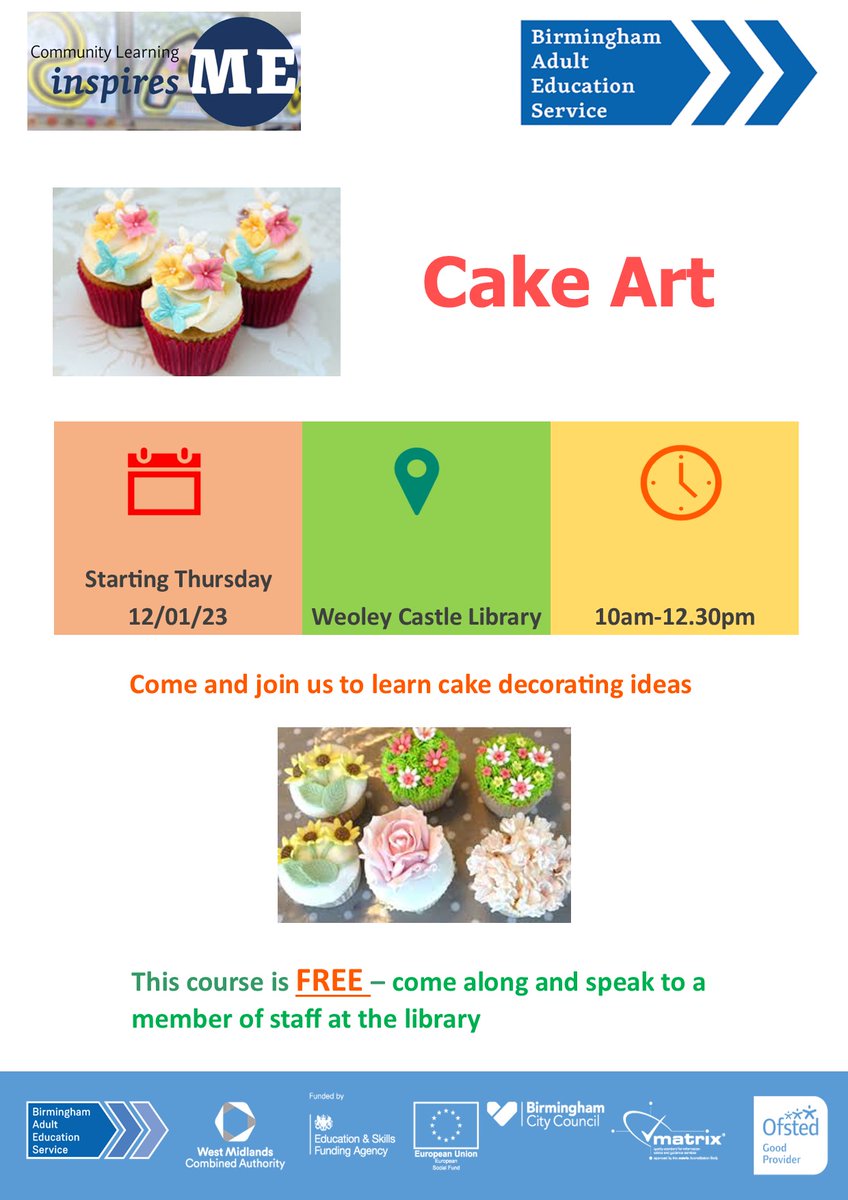Interested in learning a new skill?  we are hosting a free Cake Art course run by Birmingham Adult Education Service every Thursday 10.00-12.30.  If you would like to attend please ring the library on 01214641664 to reserve your place.