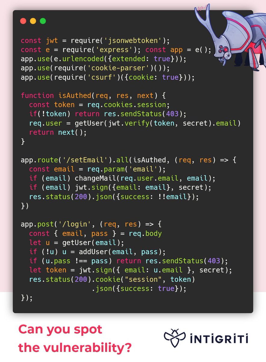 Can you spot the vulnerability? 🔎

Show us how you'd get a victim to change their email! 👇

The best explanation gets a 25€ SWAG voucher!🎫
