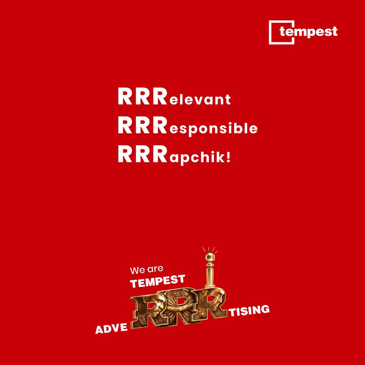 Celebrating the success of RRR in Tempest Adverrrtising eshtyle! 

#RRR #GoldenGlobes  #rrrmovie #naatunaatu #goldenglobes2023 #trending #topicalspot #momentmarketing #goldenglobewinner #goldenglobeawards #tempestadvertising