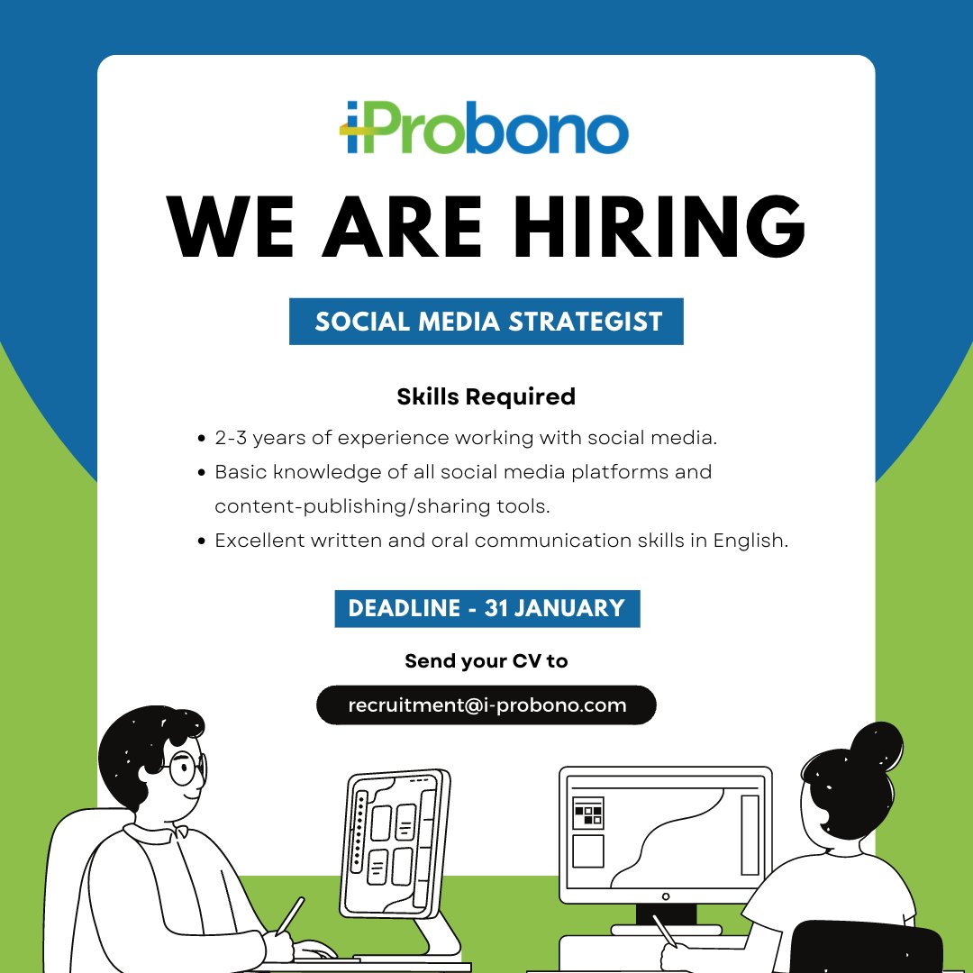 iProbono is #hiring a Social Media Strategist to join our Communications team to help increase the outreach of iProbono on social media.

If you think you are the one we are looking for, write to us on recruitement@i-probono.com by 31 Jan.

drive.google.com/file/d/1vjjLOx…

#hiringnow