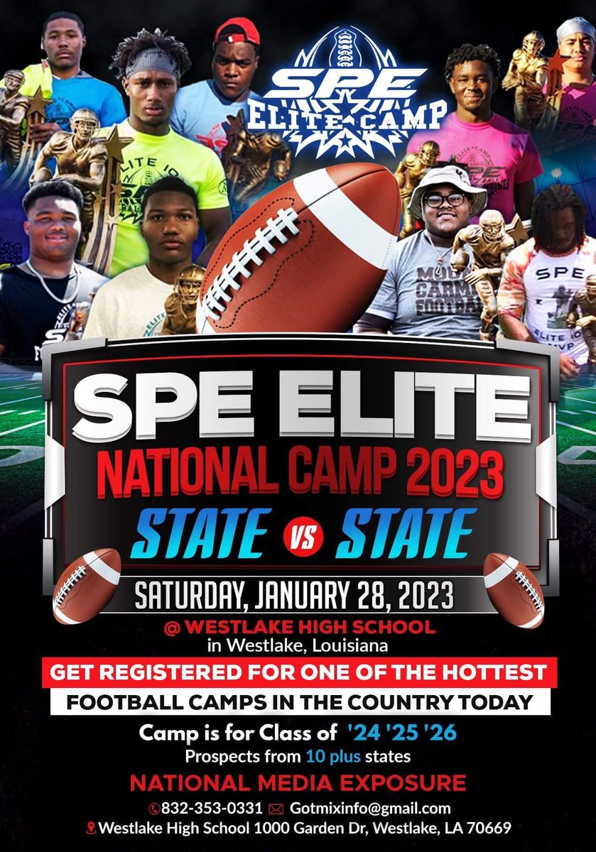 .<a href="/JonathanBenson0/">Jonathan Benson</a> Happy Holidays Your invited compete vs some of the best players in the country at the SPE Elite National Camp Jan. 28, 2023 in Westlake, Louisiana at Westlake HS Click below for info about SPE Camp  specamps.com
Reg link below.
form.jotform.com/223443308256150