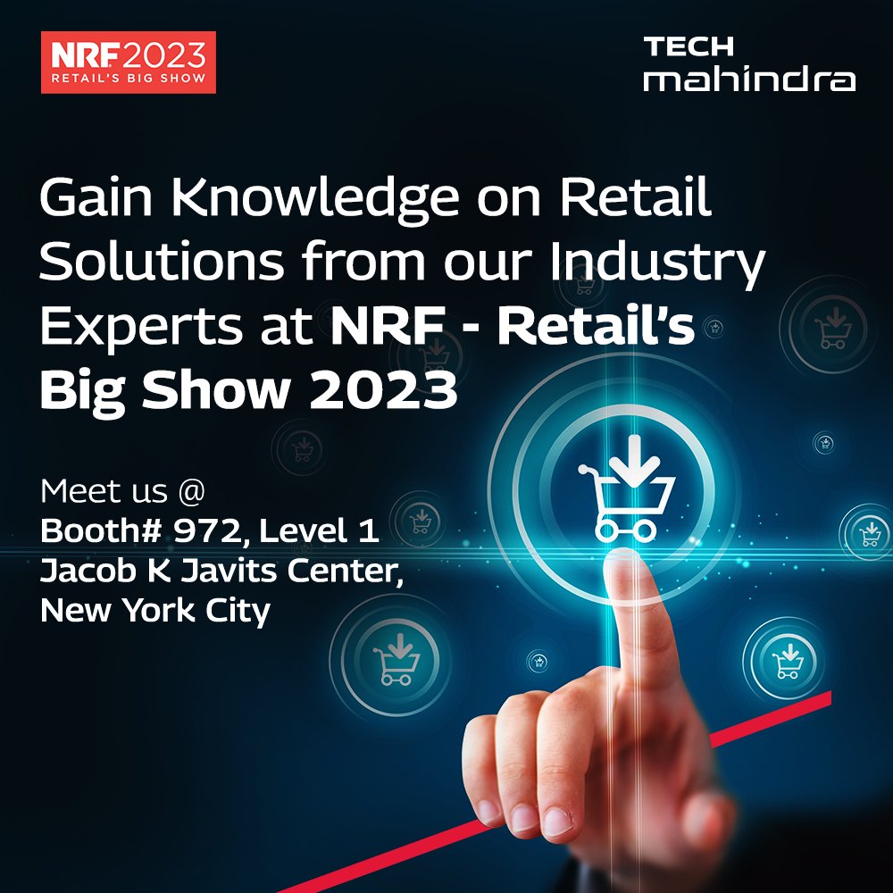 tech_mahindra's tweet photo. Did you know @Tech_Mahindra BPS’ #retail knowledge has contributed to the success of enterprises around the globe?
Join our leaders Edwin Paul & Aman Dean at NRF 2023: Retail's Big Show for a LIVE interaction!
Register Now: https://t.co/DtBaKr5JV3
#TechMatNRF #NxtNow https://t.co/m4RqvT6nvh