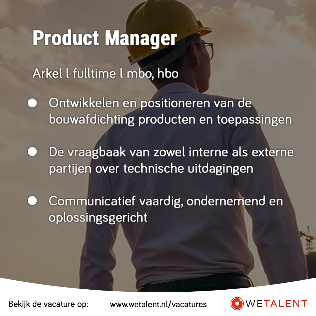 WETALENTNL's tweet photo. Als Product Manager bij CPG Europe draag je zorg voor het ontwikkelen en positioneren van de producten en toepassingen binnen het segment bouwafdichting. 💼

Solliciteer via: https://t.co/J3eASeNCVN

#vacature #productmanager #cpg #cpgeurope #bouwafdichting #solliciteren https://t.co/EWQbR3vF2o