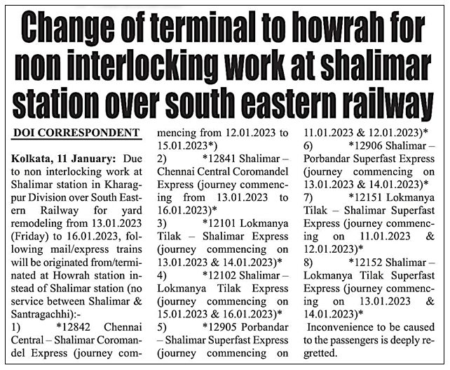 Change of terminal to Howrah for non interlocking work at Shalimar station over South Eastern Railway