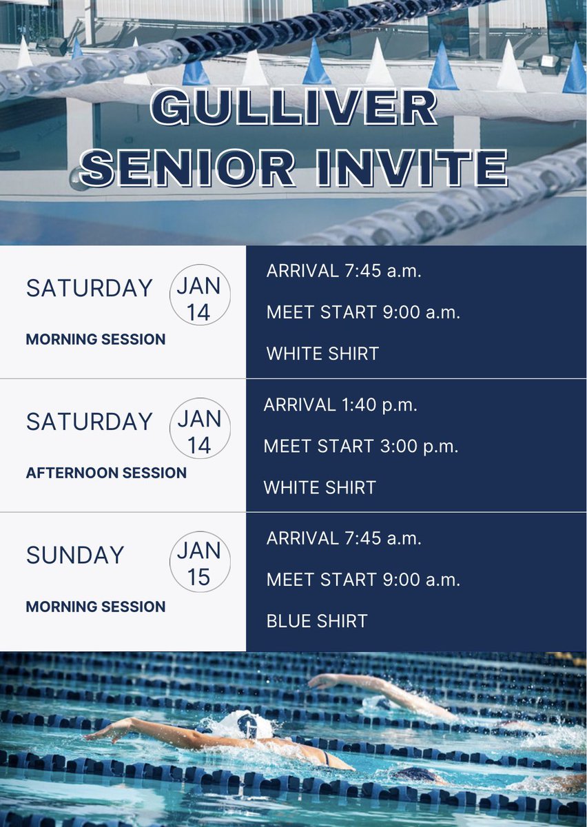 GRSC_SwimClub's tweet photo. Our Seniors and Senior Prep swimmers have a fun weekend ahead racing at home! Check the itinerary, pack for COLD weather 🥶🥶, and let’s swim fast!!
#gulliverswimclub #raiders #fgcswimming #studentathletes https://t.co/VAwHnaPIiD