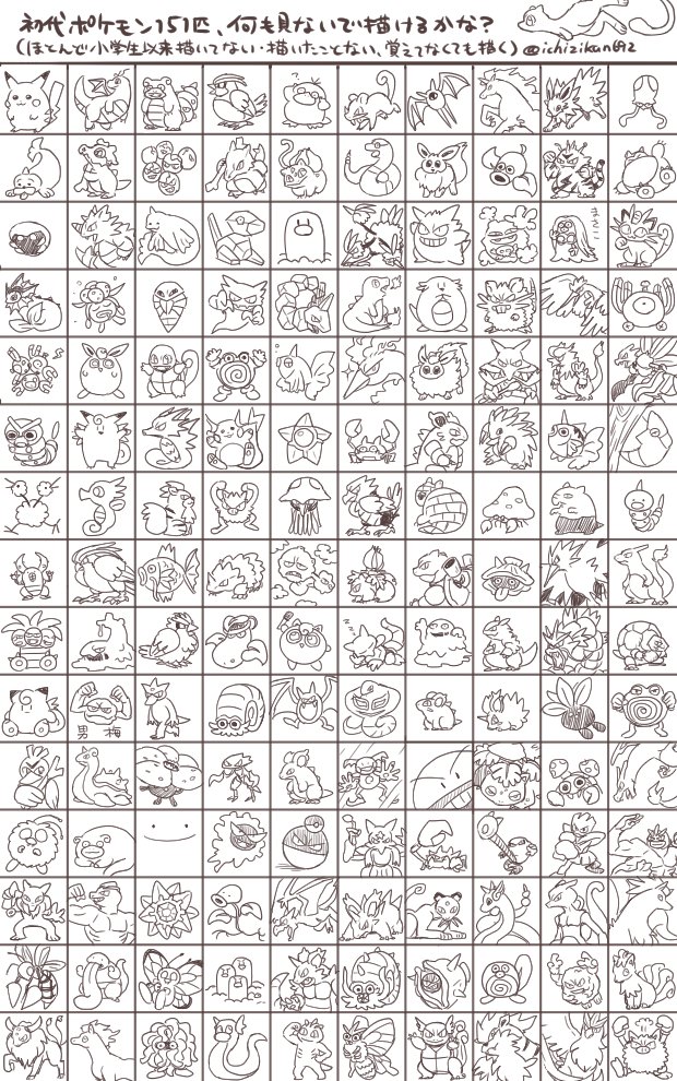 初代ポケモン151匹、何も見ないで描けるかなチャレンジ 一度やって