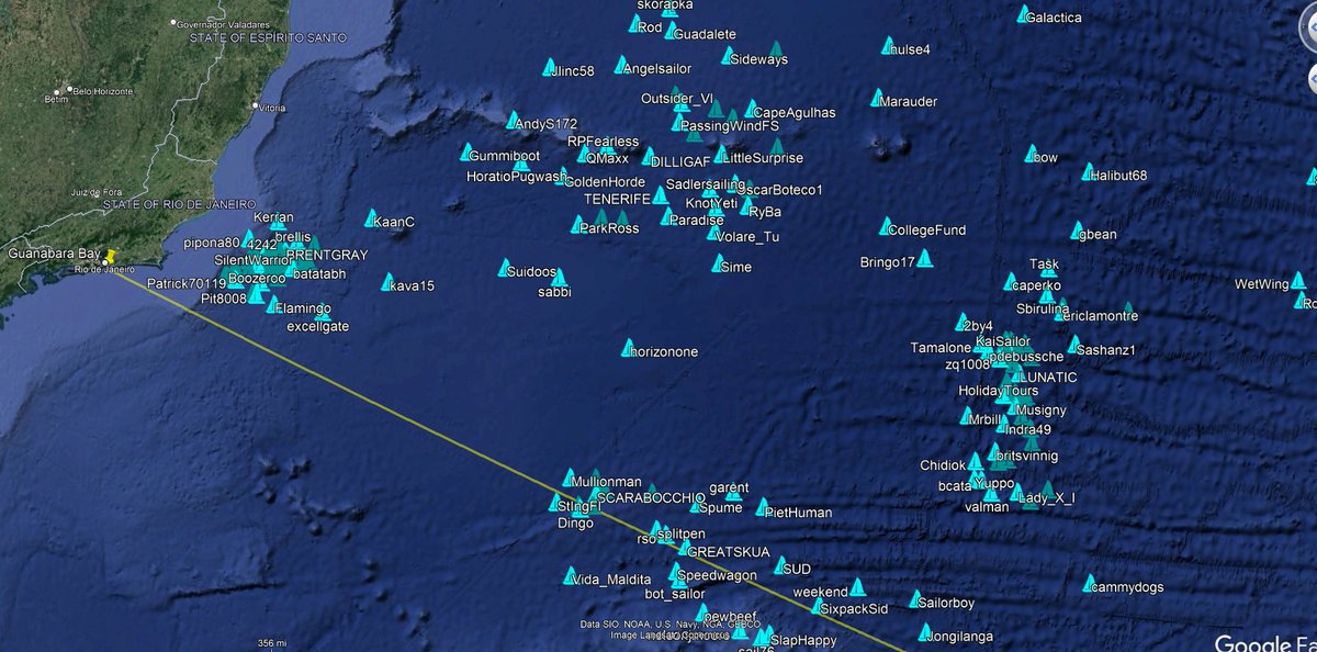 essenwoodcap's tweet photo. Just over 100nm left for the virtual #Cape2Rio for the leading group of yachts #virtualsailing #esports #sailing #yachtracing @sailonline #atlantic #Brazil https://t.co/HmAV6P6HVA