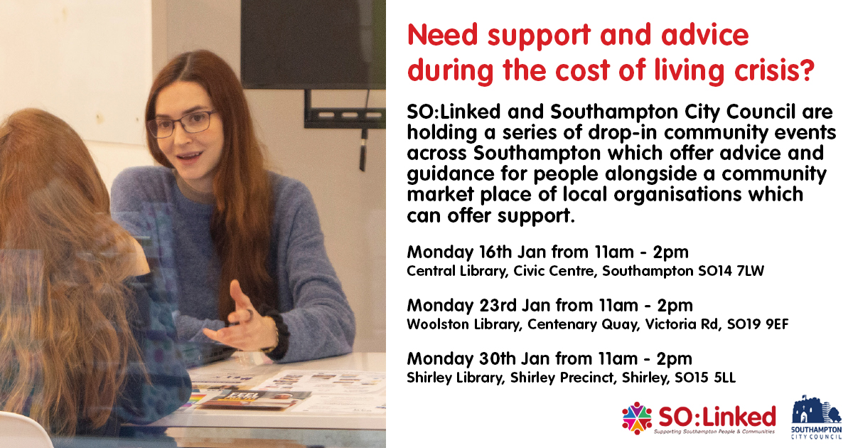 A fantastic initiative from our friends,<a href="/S0Linked/">SOLinked</a>! Head to one of their drop ins and get advice from multiple organisations that can help during the #CostOfLivingCrisis, all in one place!