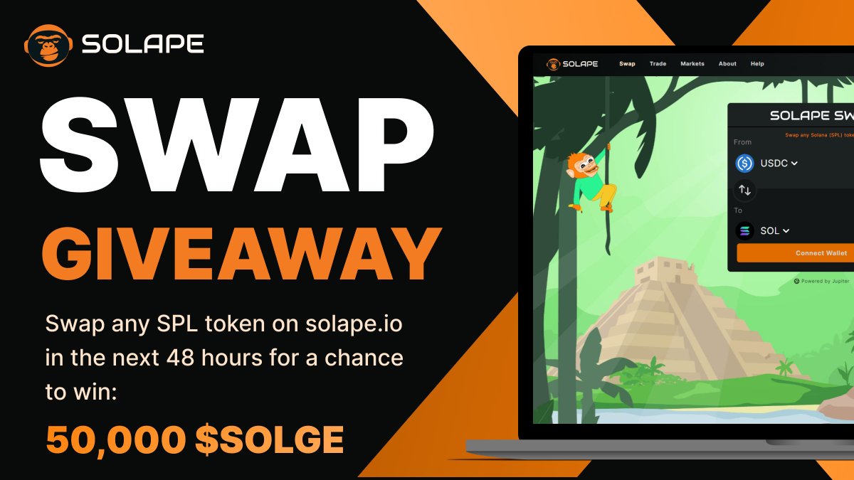 SolApeDEX's tweet photo. Solape SWAP Giveaway! 🎉

ENTER: Swap any SPL token on https://t.co/of9PagU1Pj in the next 48 hours for a chance to win 50,000 $SOLGE tokens 

BONUS: Like &amp; Retweet this post for a bonus giveaway of 30,000 $SOLAPE tokens

Winners announced on twitter,
Good luck to everyone! 🦍 https://t.co/rTdNnpDr4X