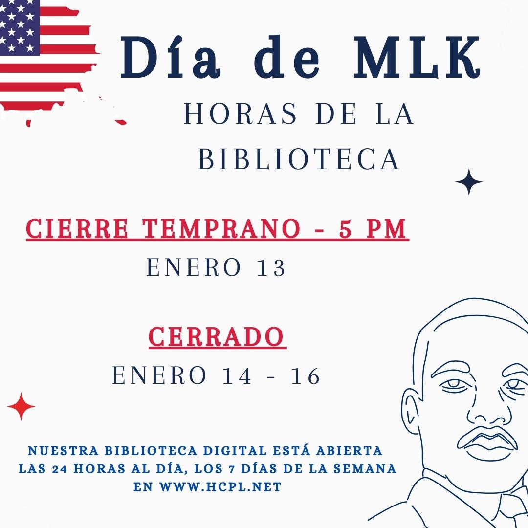 harriscountypl's tweet photo. In honor of MLK Day, our libraries will be closed January 14-16. Our digital library is open 24/7!

En honor al Día de MLK, nuestras bibliotecas estarán cerradas del 14-16 de Enero. Nuestra biblioteca digital está abierta las 24 horas, los 7 días de la semana!
#MLKDay #MLKHoliday https://t.co/f3FzLNr57h
