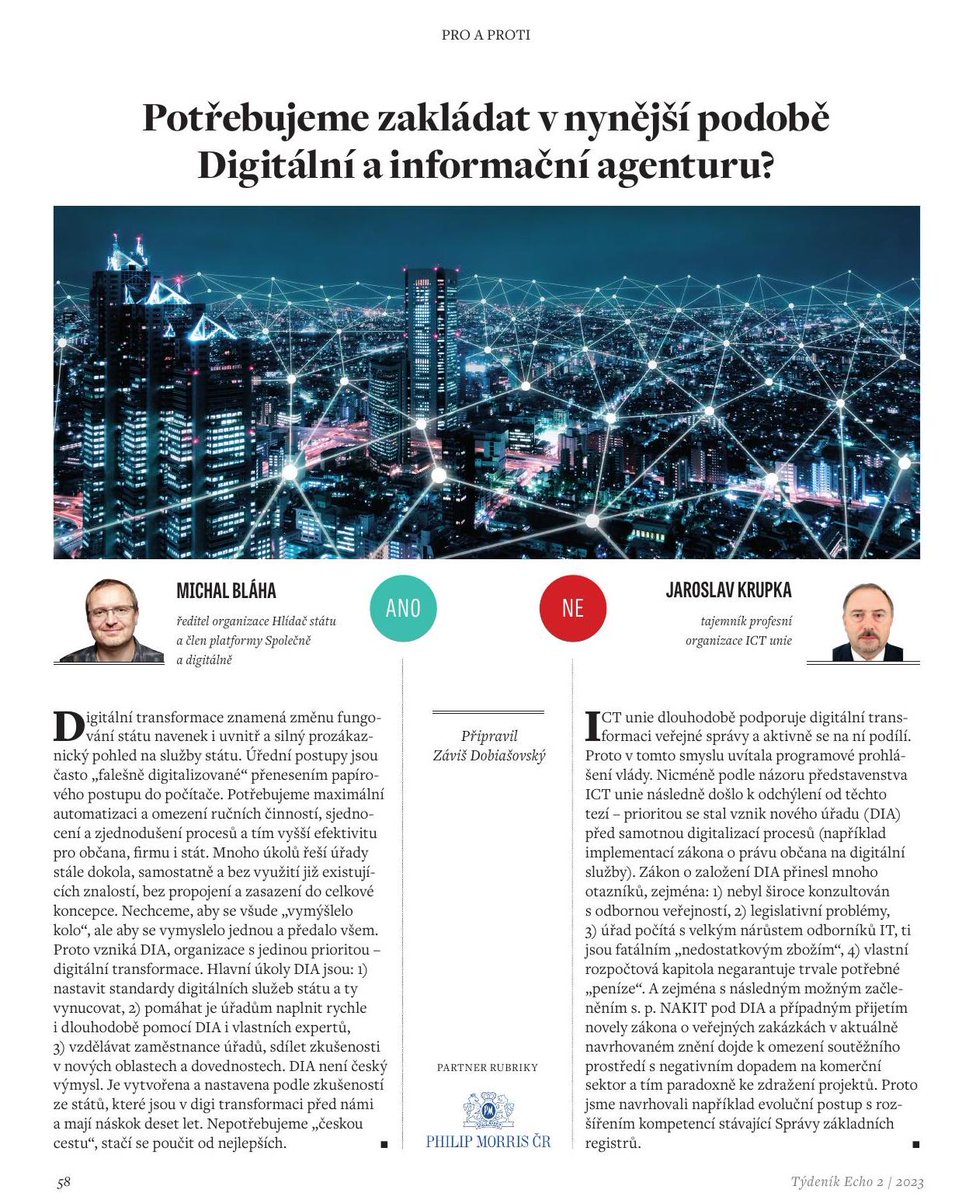 PRO A PROTI
Proč potřebujeme Digitální informační agenturu? Pro @echo24cz odpovídal náš šéf @michalblaha (Člen českého digitálního týmu) a Jaroslav Krupka (tajemník profesní organizace ICT unie):
#proaproti #DIA