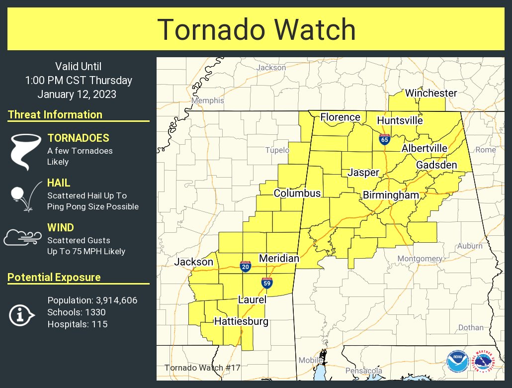 Tornado watch issued for roughly the northern half of Alabama until 1 PM CT