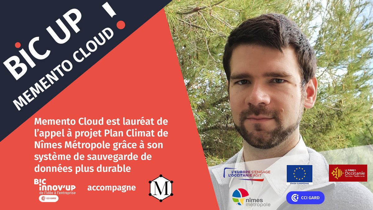 🏆 La startup nîmoise Memento Cloud, accompagnée par le BIC Innov’up, est lauréate de l’appel à projets Plan Climat lancé par <a href="/NimesMetropole/">Nîmes Métropole</a>. Cet appel à projets récompense les entreprises qui ont pour objectif de réduire les émissions carbones et respecter l’environnement.