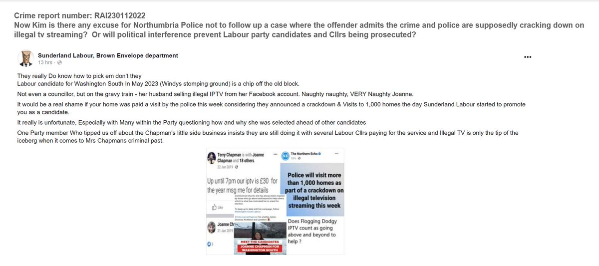 Shink2525's tweet photo. Any excuse for Northumbria Police not to make arrests  where the offender admits the crime &amp; police are cracking down on illegal tv streaming? Will politics  prevent Labour party members being prosecuted? @NorthumbriaPCC @LabourParty @Sunderland_CA @MailOnline @SkyNews @Telegraph https://t.co/fxN13OM6Sp