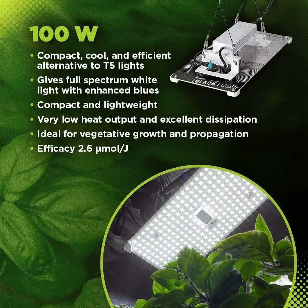 EmporiumHydro's tweet photo. The LUMii BLACK Blade 100w LED is a compact, cool-running and efficient plate-format LED alternative to T5 lights, CFL lamps or 250 W Metal Halide lamps. Giving full spectrum white light with enhanced blues, it is ideal for vegetative growth and propagation. https://t.co/hPwWejZVG9