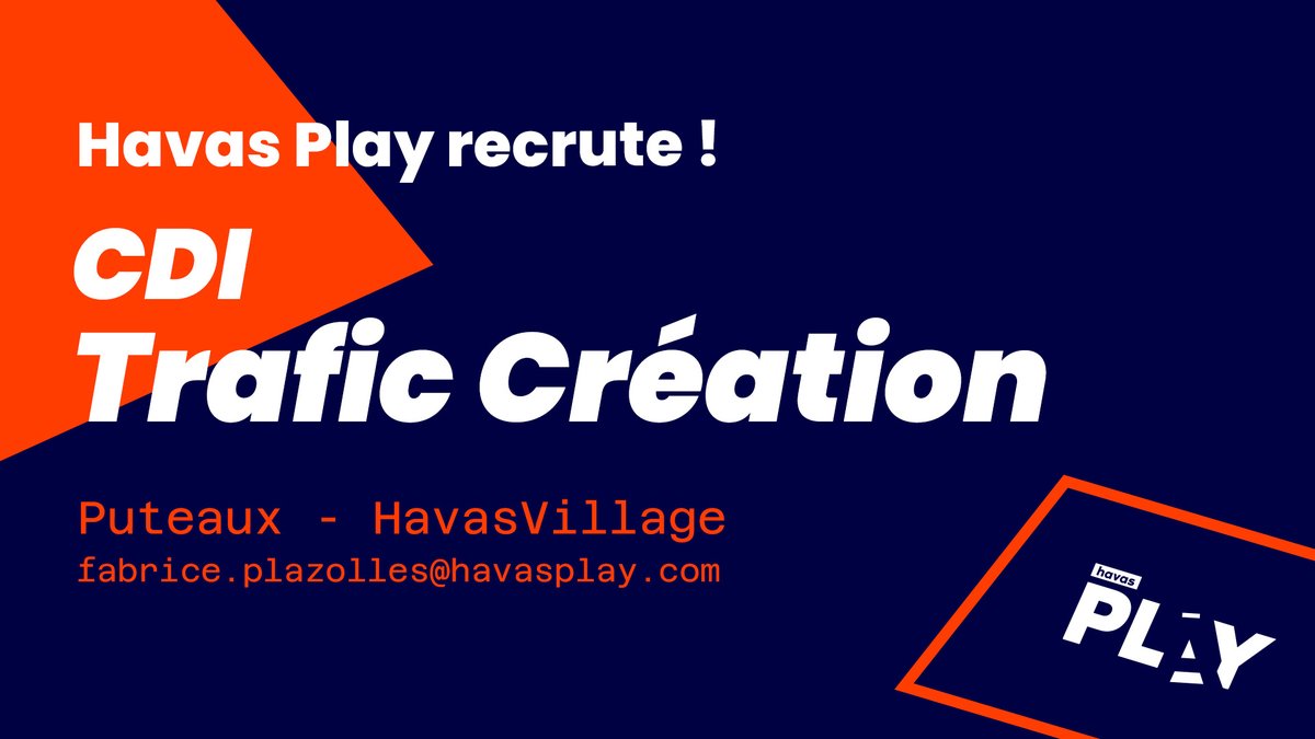 faplaz's tweet photo. 💥 On recrute chez @HavasPlay 💥
Je recherche un ou une Trafic Création pour une ouverture de poste en CDI. Alors pour bosser en binôme sur les beaux sujets de l'agence, tu peux slider en DM ou m'envoyer ton CV. https://t.co/JFvHifih5N