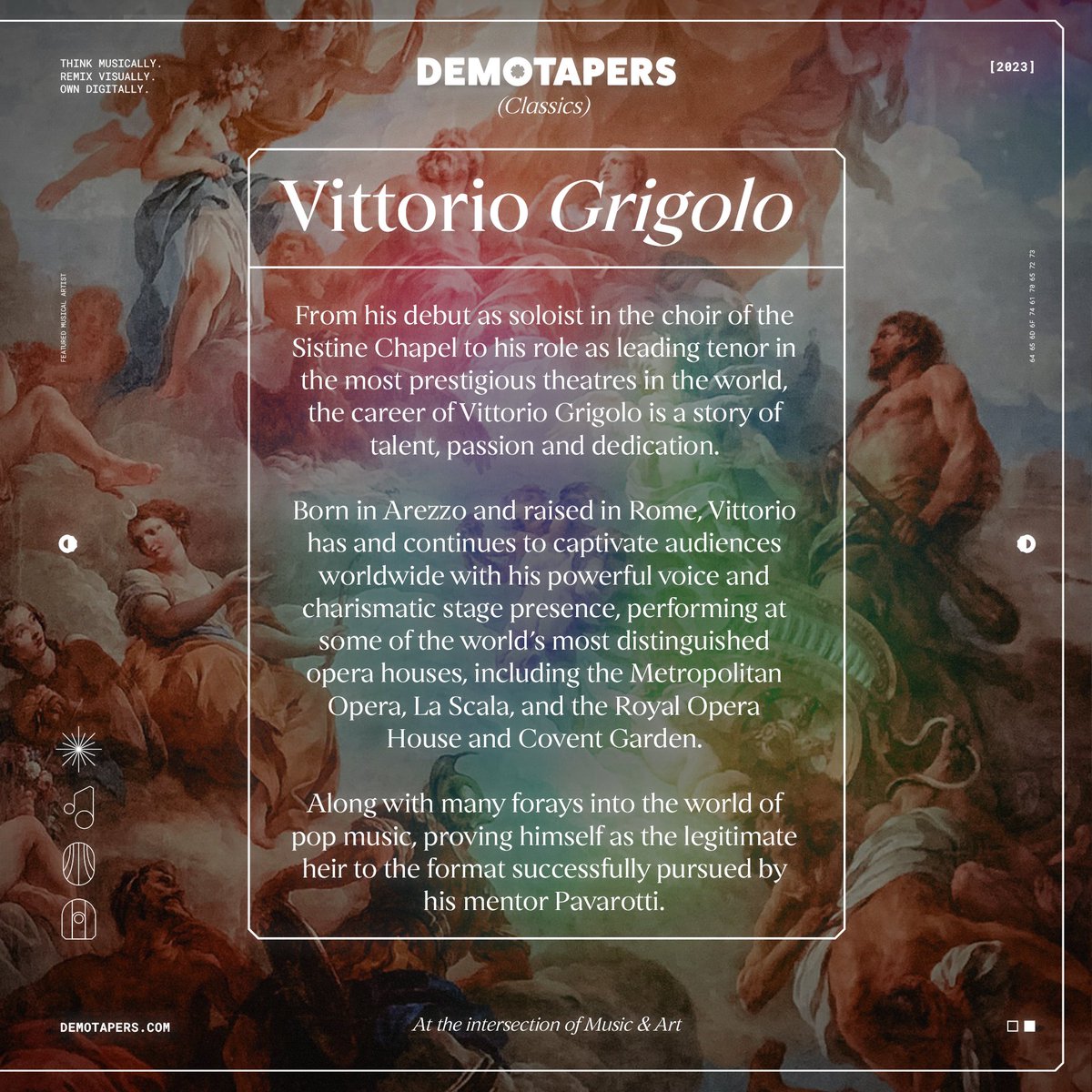 demotapers's tweet photo. Demotapers is proud to present the talented Italian tenor @VittorioGrigolo as the featured Musical Artist in the second act of Demotapers dropping on January 27th, 2023.

Official track &amp; Visual Artists to be announced soon.

#demotapersclassics https://t.co/unJWTXyXyY