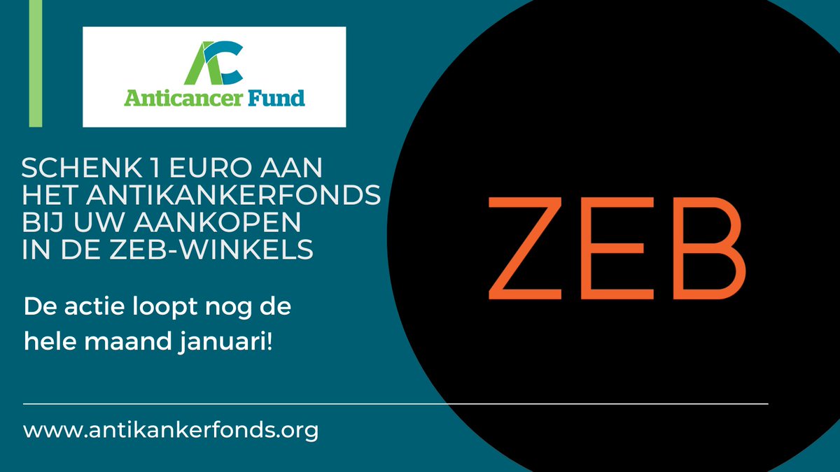 Schenk 1 euro bovenop uw kassaticket in de ZEB-winkels en steun zo eenvoudigweg het Antikankerfonds. De actie loopt nog de hele maand januari!
Niet alleen bij ZEB trouwens, maar ook bij PointCarré en The Fashion Store. Kom langs, elke euro maakt een verschil!
#antikankerfonds