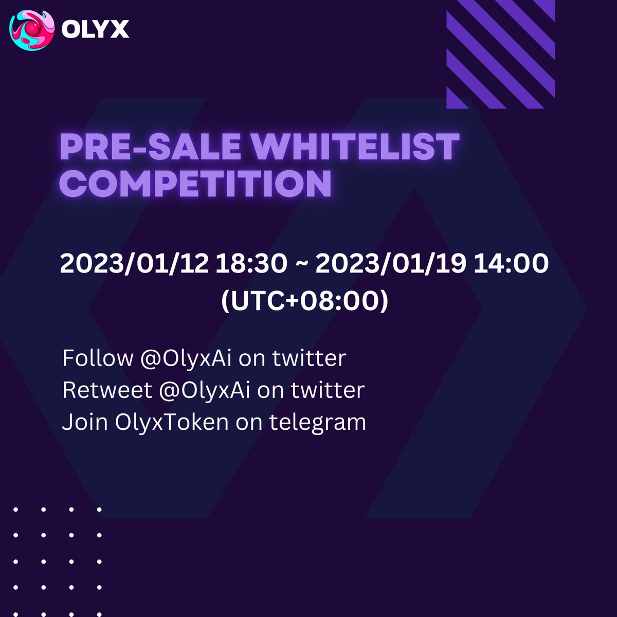 Whitelist competition is on
Follow the link bit.ly/olyxaiwhitelist , complete all the steps required and get ready for the presale Limited spots available! Don't miss out!