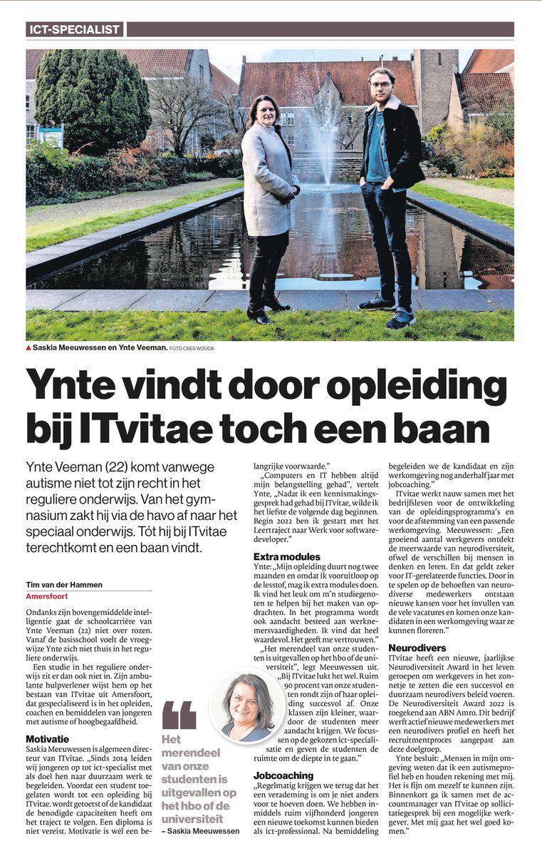 Mooi artikel in het AD.nl Amersfoortse Courant over Ynte die dankzij ICT-opleider <a href="/ITvitae/">ITvitae</a> binnenkort aan de slag gaat als software developer. 
#autisme #loopbaancoach #opleiding UWV #ICT #studentbegeleider #neurodiversiteit