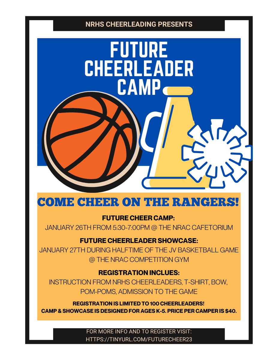 NRHScheerleader's tweet photo. TOMORROW is the last day to sign up for the Future Cheerleader Camp! 

**Please note that the original date (1/19 &amp; 1/20) has changed to January 26th and January 27th. Thanks!!**

Click here and scroll down to sign up: https://t.co/ZQoFQDONUe https://t.co/o7GMXCf7QF