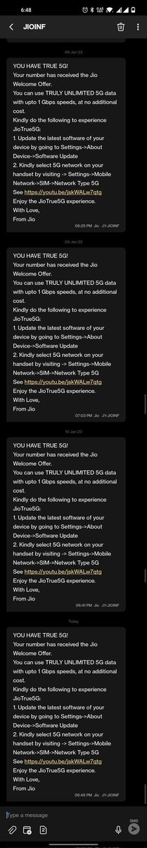 Official_Garvit's tweet photo. @reliancejio @JioCare  Can you stop spamming me with " You have true 5G" messages ?
I have been receiving the same message everyday. https://t.co/poapqtOU2Q