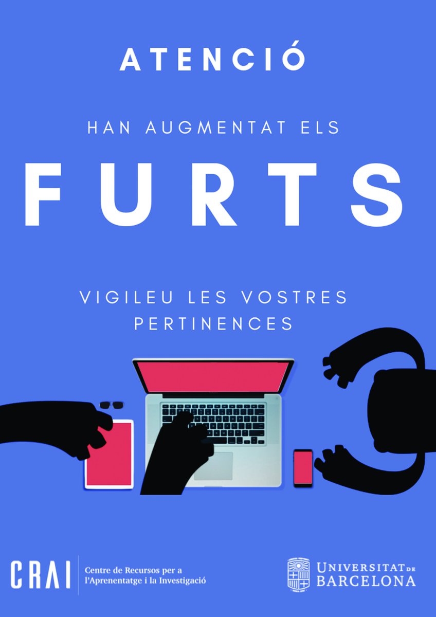 CRAImundet's tweet photo. ⚠️ Vigileu sempre les vostres pertinences! ⚠️
#SomUB #UniBarcelona @crai_ub #robatoris #furts https://t.co/F5MNpCAMYf