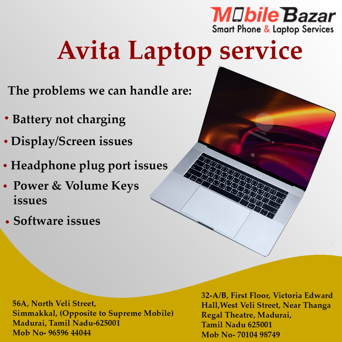 MobileBazar7's tweet photo. There are many Avita Laptop service centers in India, spread across our indian states. South Tamilnadu's most experienced and leading Avita Laptop mobile service center. We offer live chat support on Google Business and Tawk chat on our website 24 hours a day, 7 days a week. https://t.co/PVhndmGpcx