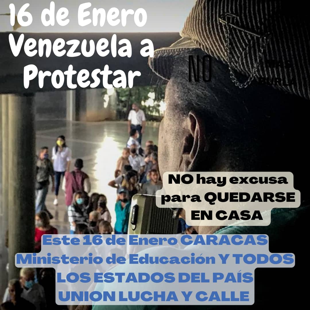 #Caracas dará el ejemplo de lucha masiva, los esperamos en el Ministerio de Educación, esquina de salas; el silencio del gobierno es profundo y mas profunda su culpa en poner a pasar hambre a trabajadores , jubilados y pensionados. Todos a la calle en #Caracas. #11Ene #12Enero