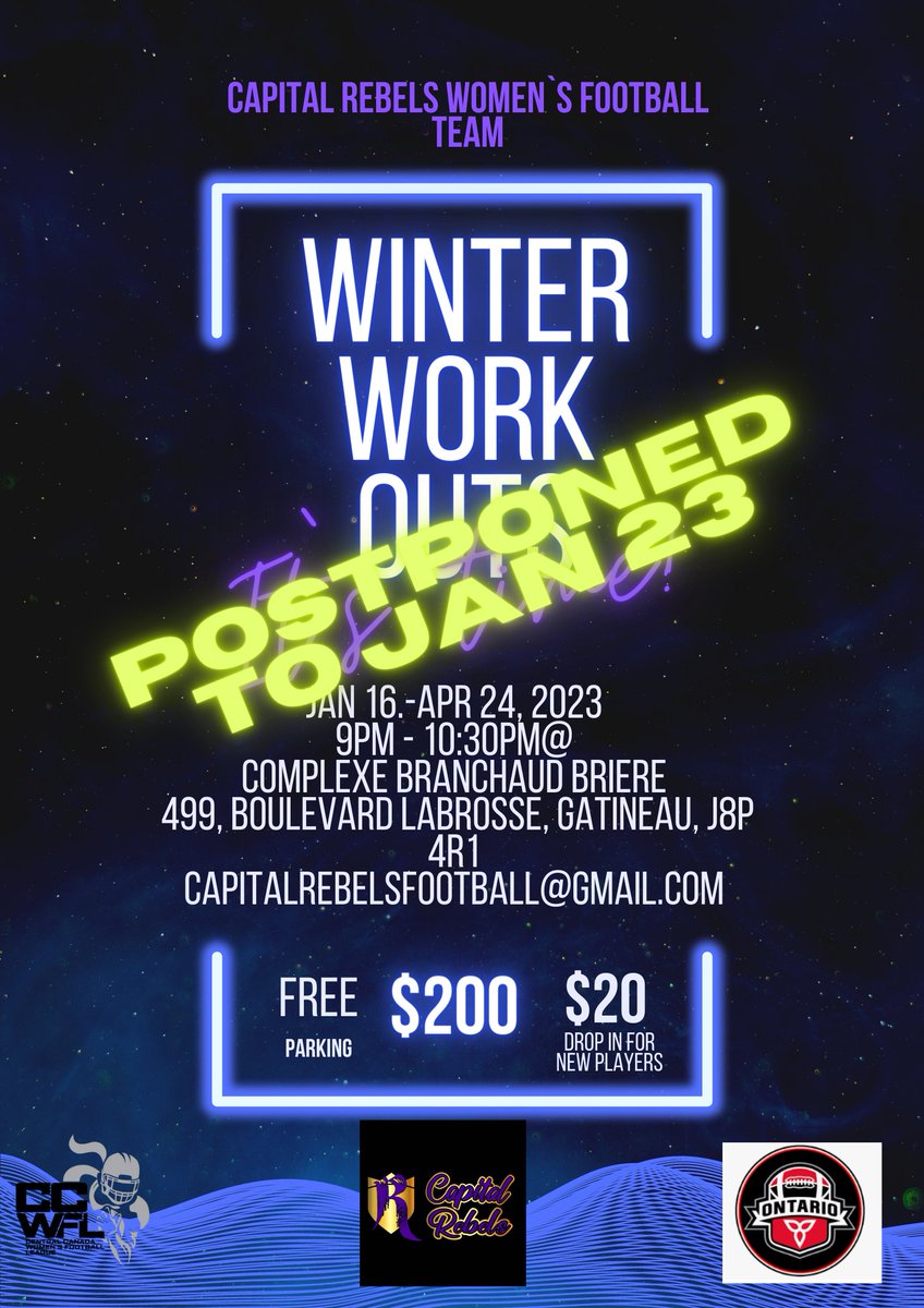 Our first work out session has been postponed to Jan 23, 2023.
Come on out to our pre-season training at Complexe Beanchaud Brière! $200 for January 16 - April 2 or. $20 for drop-in if you're new!
docs.google.com/.../1FAIpQLSe6…...
 @Capitalrebelsfootball@gmail.com