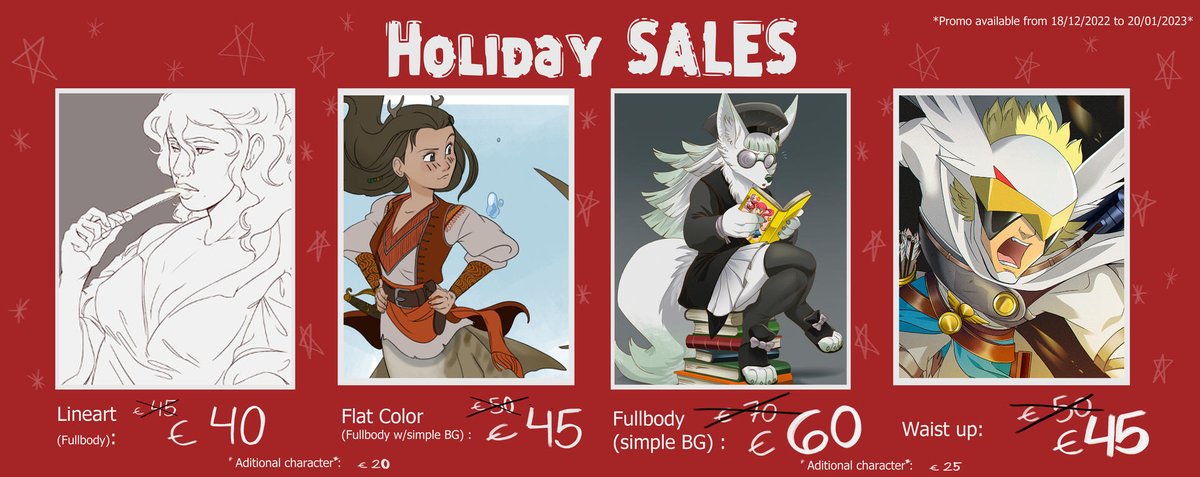 FRIENDLY REMIND OF MY HOLIDAY COMMISSION SALES 😁😁😁

*Promo Available from 18/12/2022 to 20/01/2023*
#Commission #CommissionSheet #HolidaysAreComing #commissionsopen