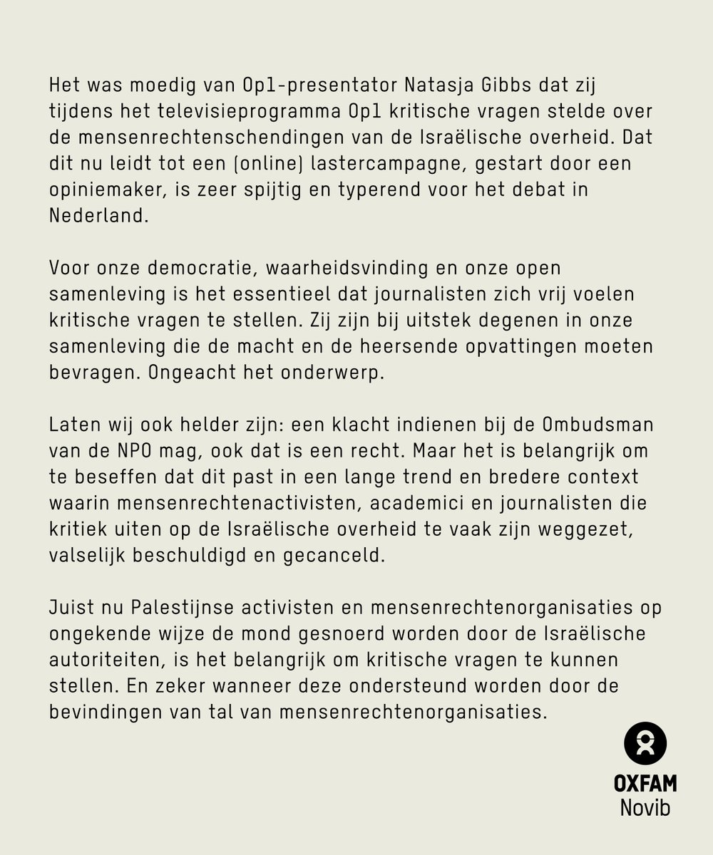 Kritische journalisten, zoals Natasja Gibbs, die de macht bevragen zijn essentieel voor een gelijkwaardige en democratische samenleving. Dat het benoemen van onrecht leidt tot klachten bij de <a href="/OmbudsmanNPO/">Ombudsman voor de publieke omroepen (parody)</a> is zeer spijtig. Fijn dat <a href="/BNNVARA/">BNNVARA</a> dat ook ziet!