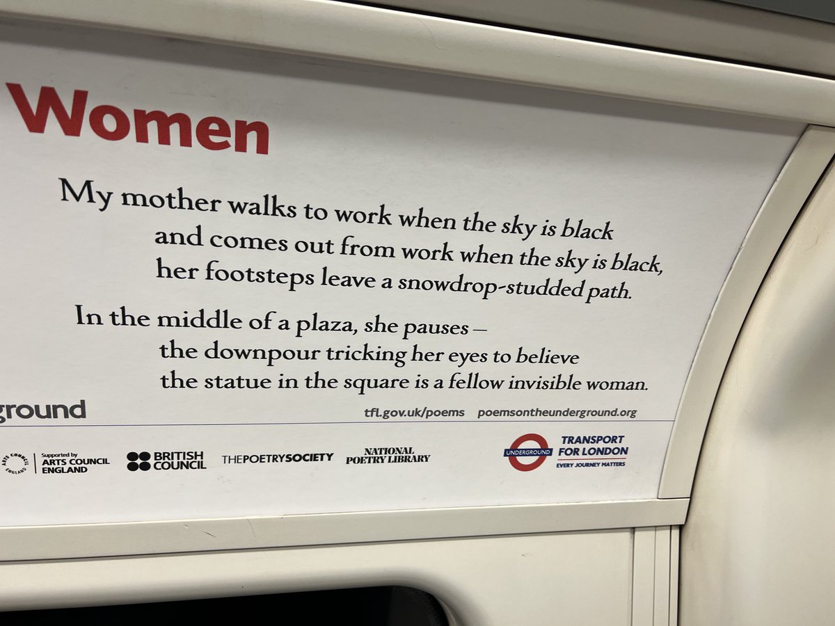 ….the downpour tricking her eyes to believe
the statue in the square is a fellow invisible woman

Romalyn Ante ⁦@RomalynAnte⁩
#InvisibleWomen
#PoemsOnTheUnderground
#statue
#LondonUnderground. #TFL