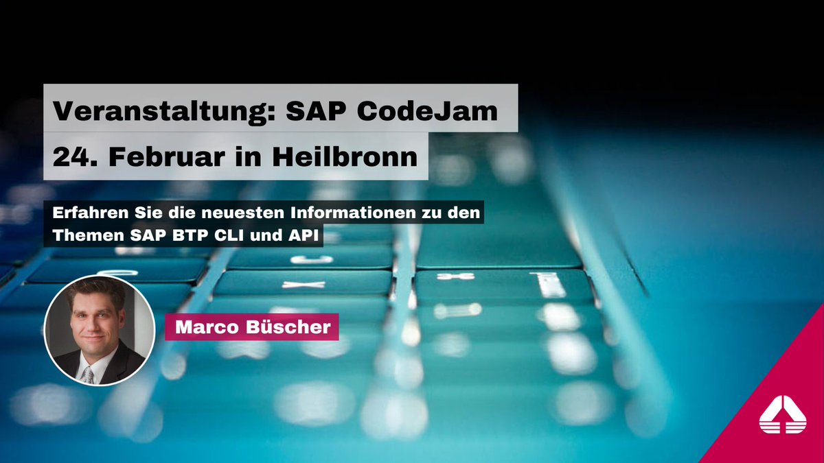 ENGINEERING lädt zum ersten SAP CodeJam nach Heilbronn ein: am 24. Februar dreht sich alles um die Themen SAP BTP CLI und APIs. Mit dabei: <a href="/qmacro/">lail ! 🍋‍🟩⭐</a> und unsere Sponsoren <a href="/info_tutorials/">Espresso Tutorials</a> und @openSAP.
eng-its.de/engineering-la…
#SAPCodeJam #SAP #SAPCommunity #SAPDeveloper #SAPBTP #API